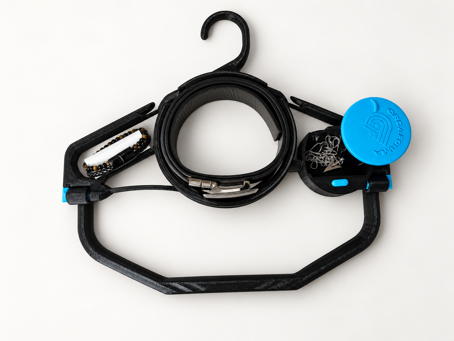 Approved black Valet Hanger with blue jewelry pod, belt and accessories